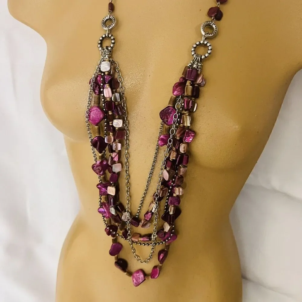 Sonoma Silver Tone Necklace Pink Shades Multi Layer Genuine Shell Stones